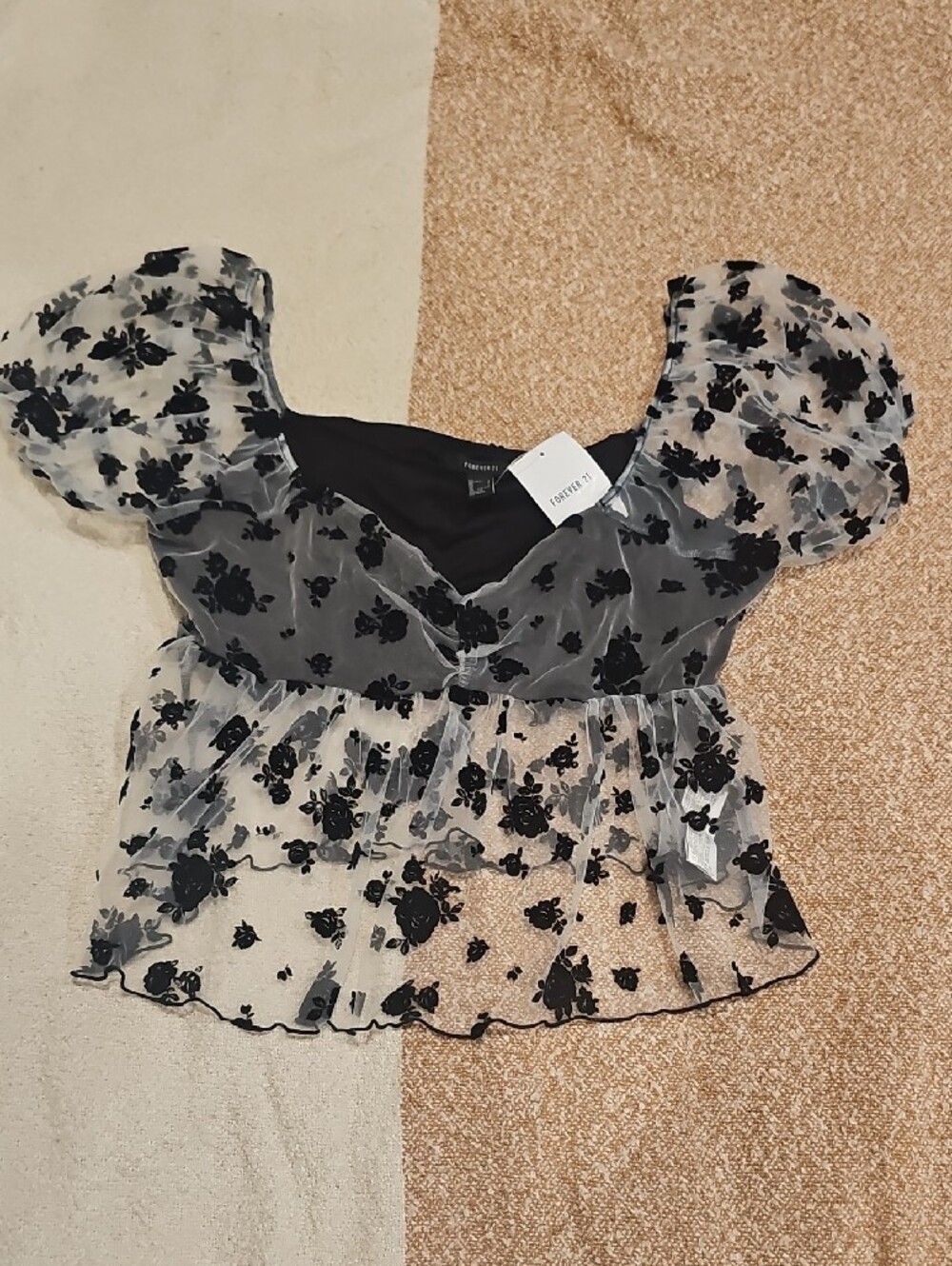 Forever 21 Black Floral Sheer Puff Sleeve Peplum Blouse